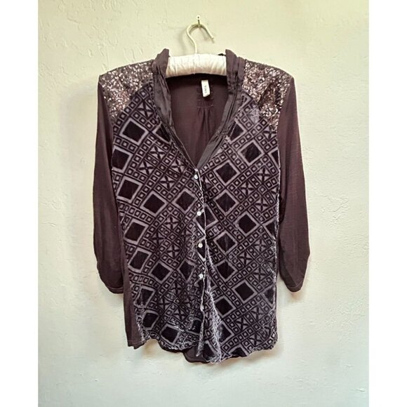 Tiny Tops - Anthropologie Tiny Women's Leighton Top Velvet Button Down Shirt Medium Brown